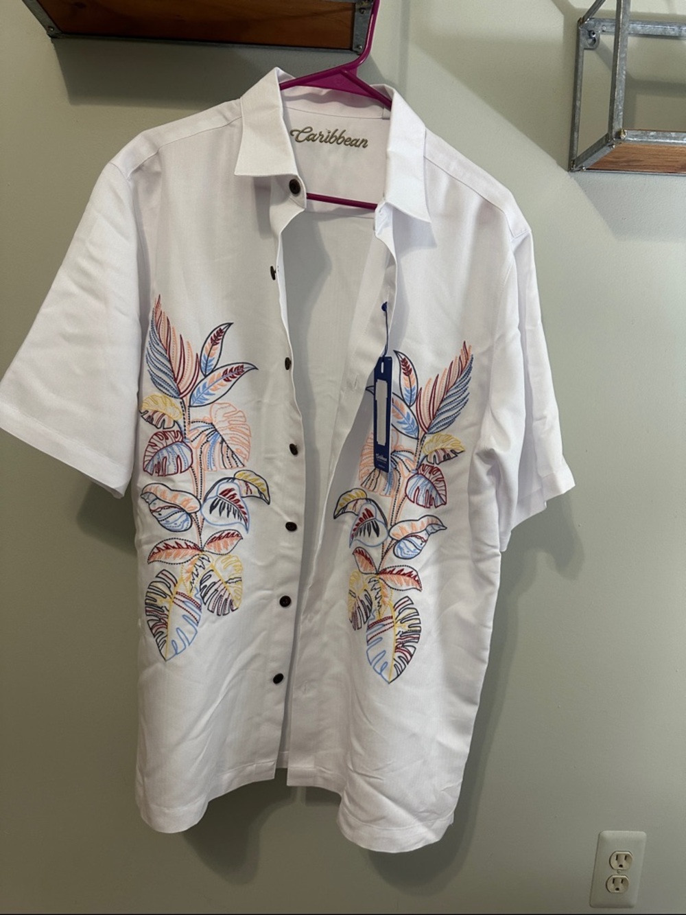 Caribbean Men's White Short-Sleeve Button Shirt with Tropical Print